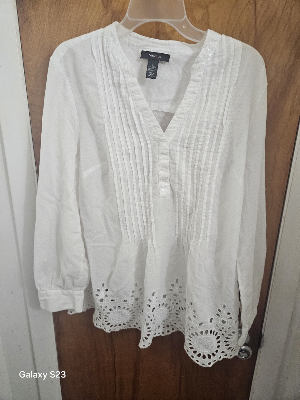 Style & Co. White Pintuck Eyelet Peasant Tunic